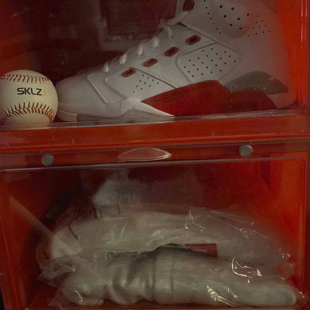 One pair of jordan 6-17-23 white fire red with matching Nike suit and baseball